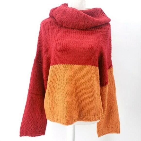 PEPALOVES Colorblock Sweater Turtleneck Red Orange - Picture 1 of 7
